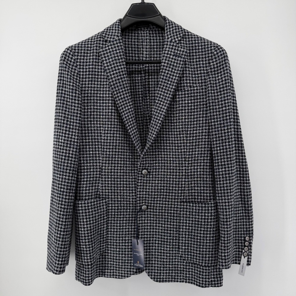 Stafford Mens Classic Fit Navy Check seasonal Sport Coat‎ Blazer Jacket 48R Reg